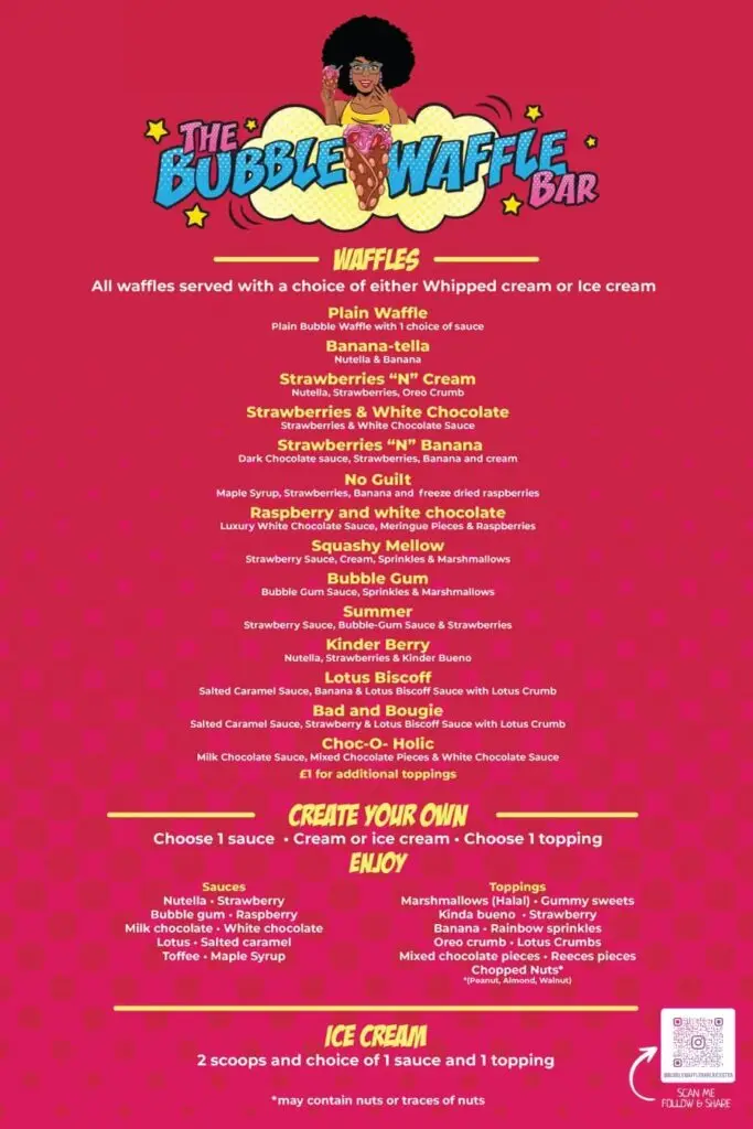 The Bubble Waffle Bar’s main menu in pink, listing various themed waffles, sauces and toppings.