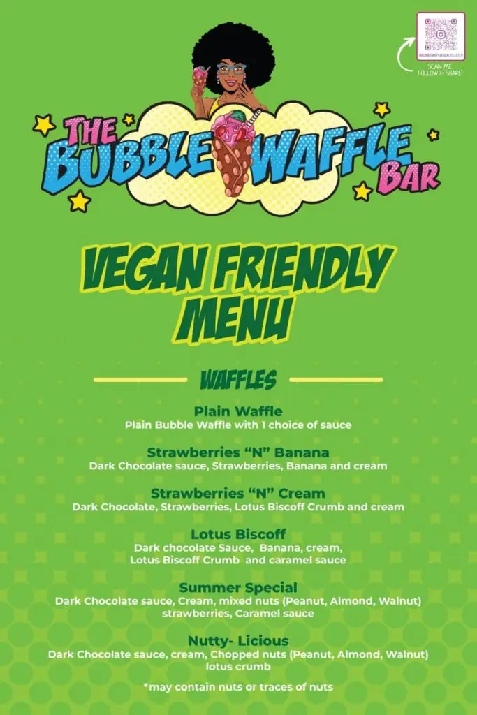 Green vegan-friendly menu from The Bubble Waffle Bar, listing waffle options like Lotus Biscoff and Summer Special.