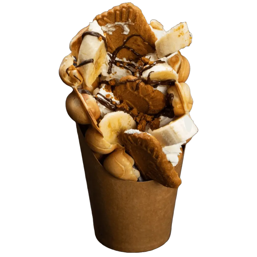 Bubble waffle topped with banana slices, whipped cream, Lotus Biscoff biscuits and drizzled dark chocolate.
