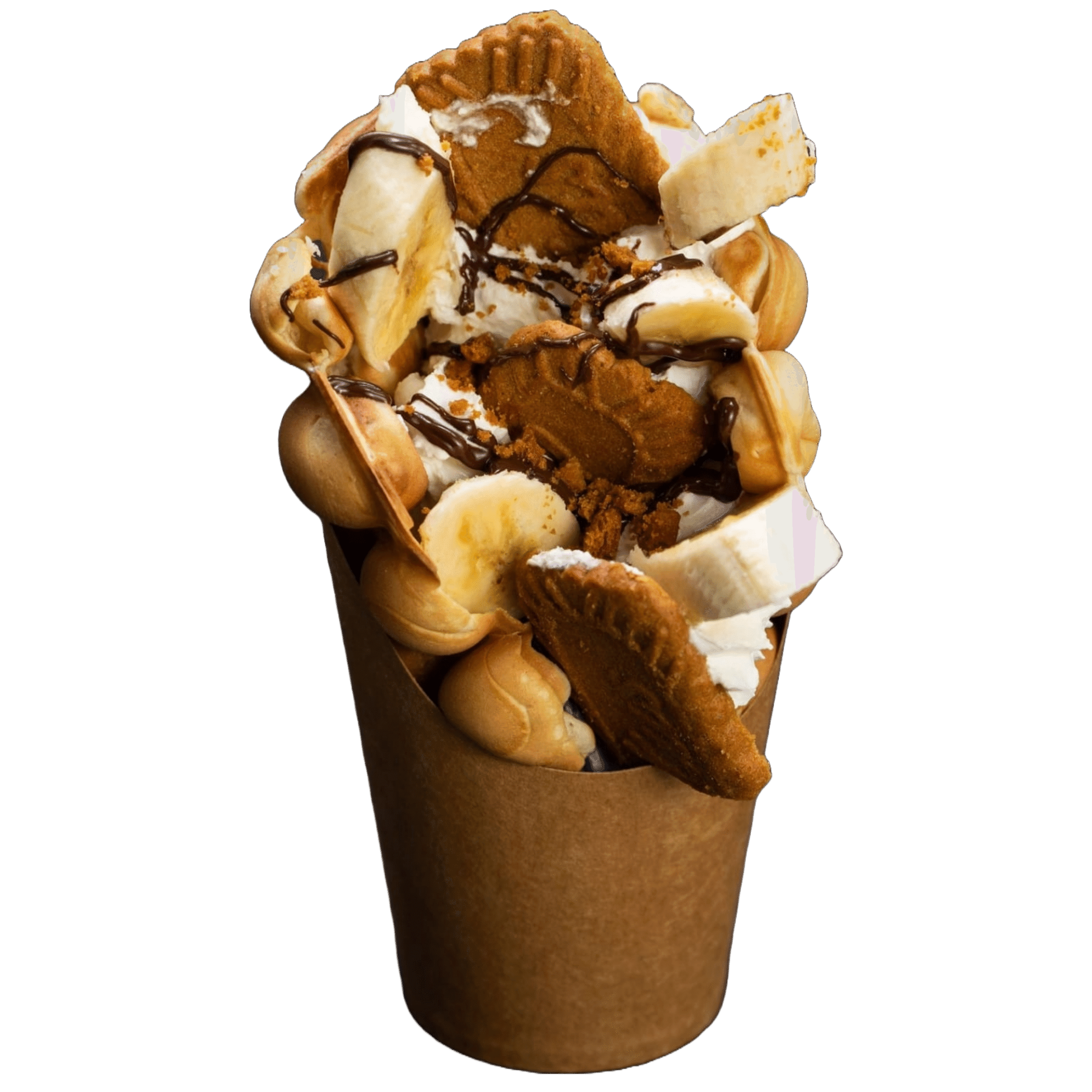 Bubble waffle topped with banana slices, whipped cream, Lotus Biscoff biscuits and drizzled dark chocolate.