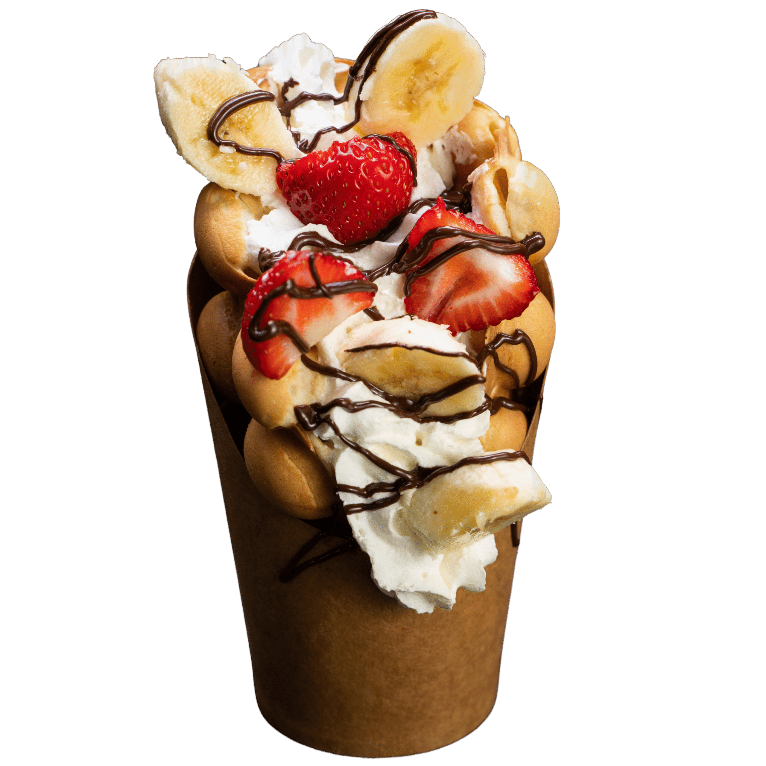 Bubble waffle topped with banana slices, fresh strawberries, whipped cream and dark chocolate drizzle.
