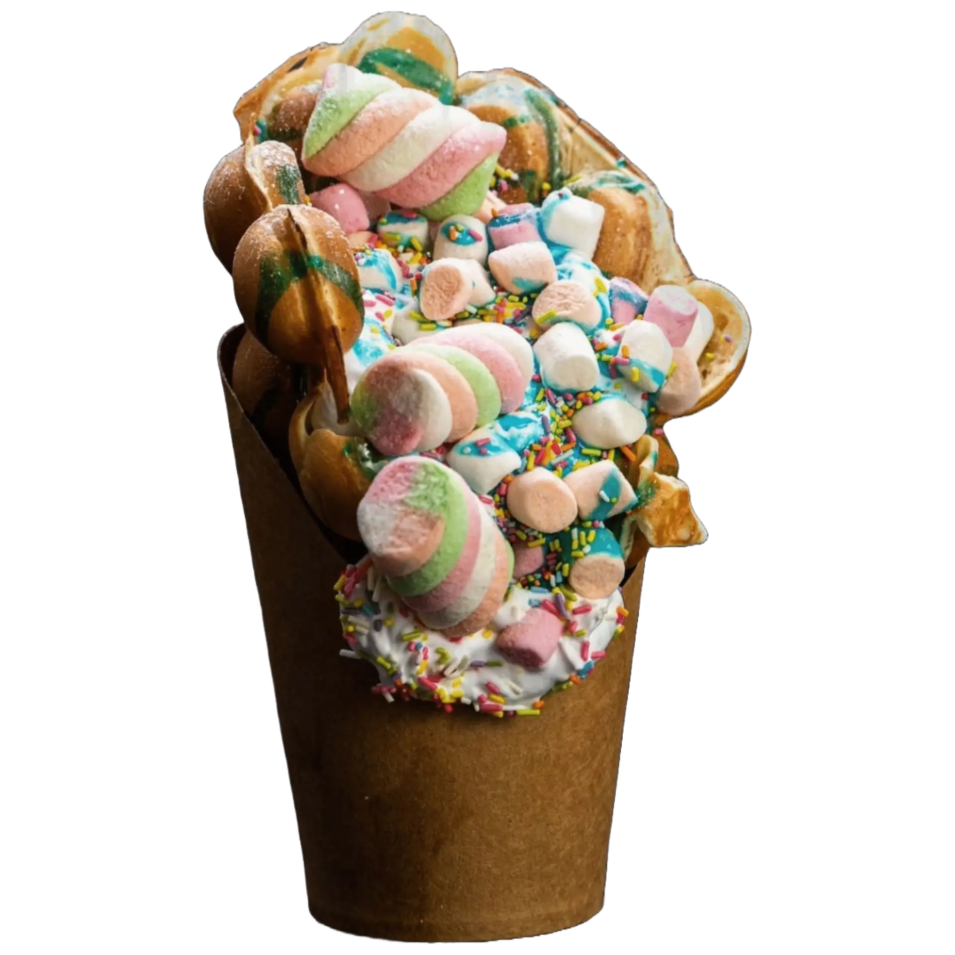 Bubble waffle topped with whipped cream, rainbow sprinkles, marshmallows, and pastel lollipops.
