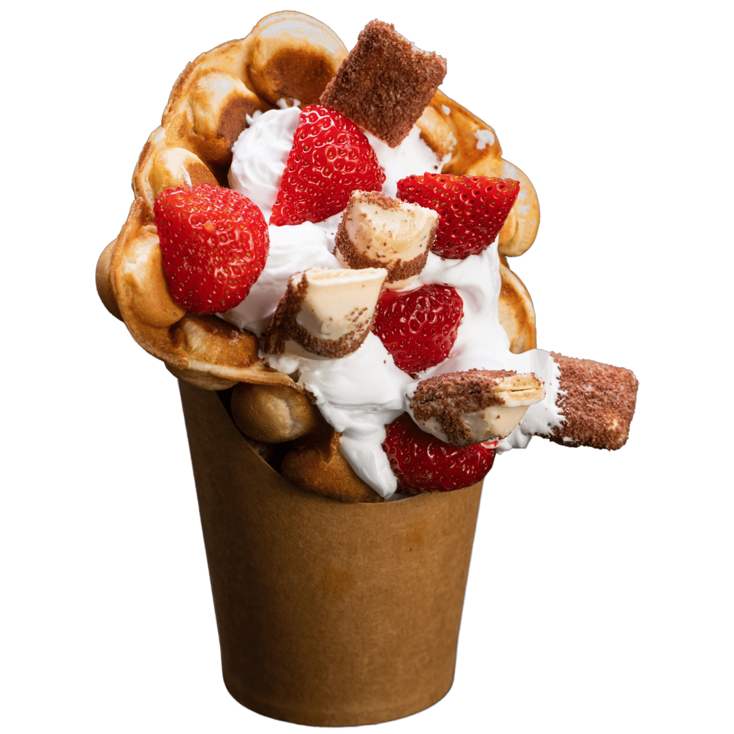 Bubble waffle topped with whipped cream, strawberries, and chopped pieces of Kinder Bueno.